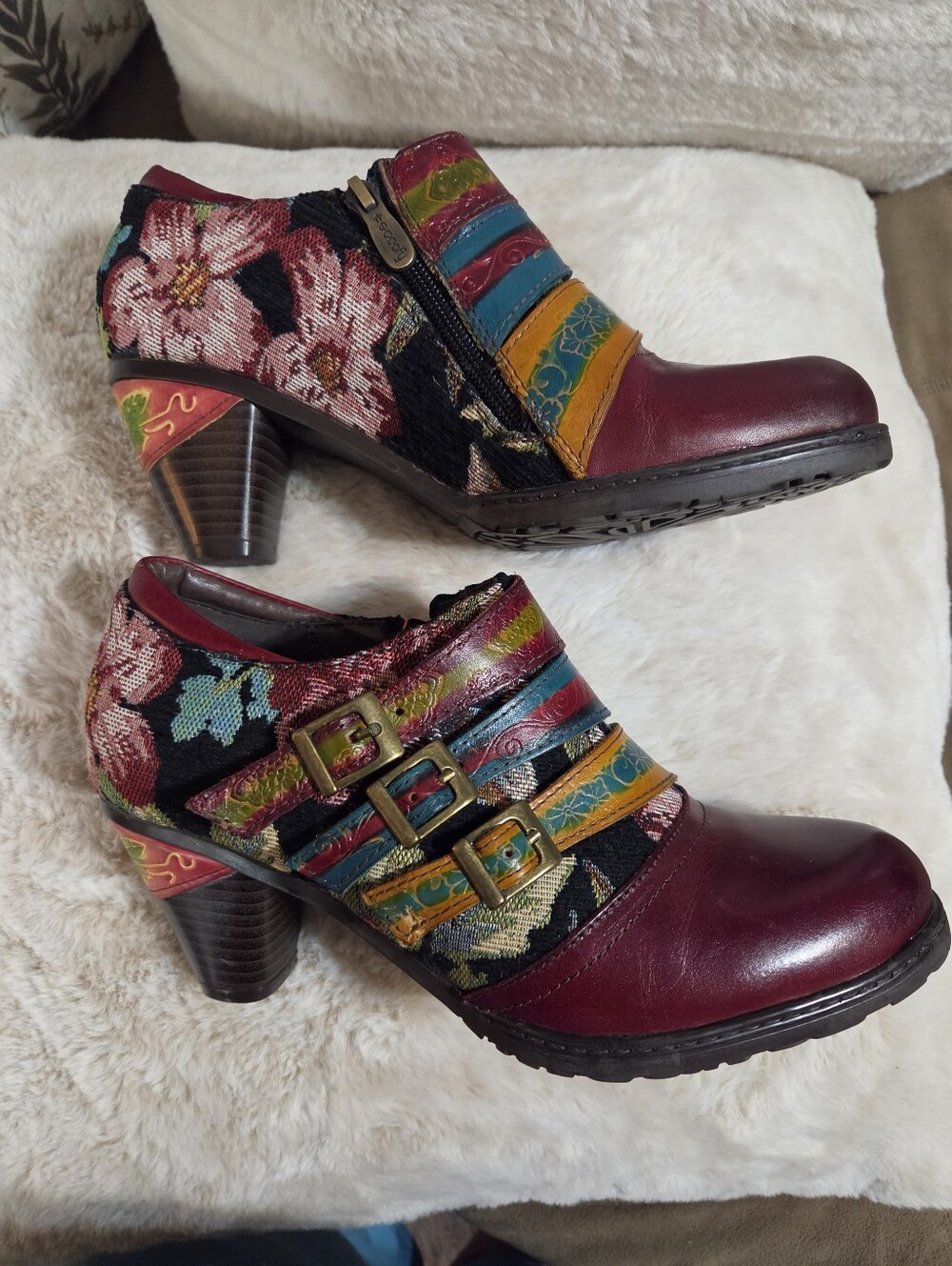 Socofy Multicolor Floral Strap Block Heel Shoes Burgundy Accent. Sz 39 Or 81/2 - Picture 12 of 13